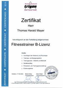 Zertifikat über die Fitnesstrainer-B-Lizenz von Thomas Mayer