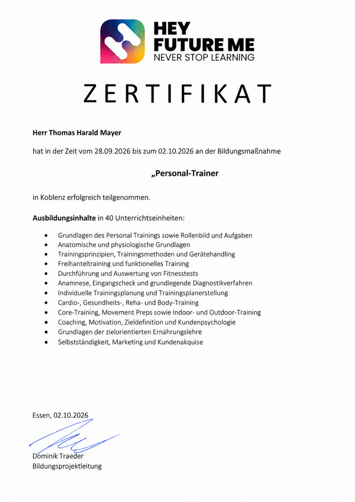 Zertifikat Bildungsmaßnahme Personal-Trainer